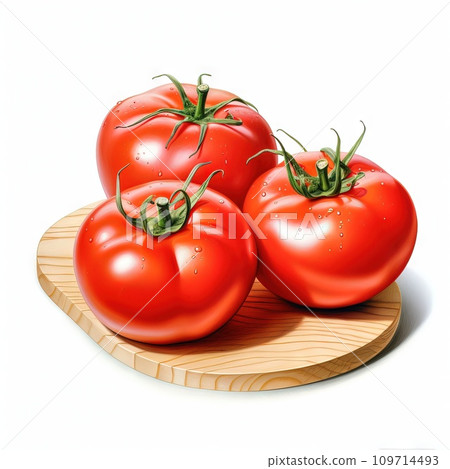 AI-generated content. Hyperrealistic Fresh pair tomato, on a wooden board, white background. 109714493