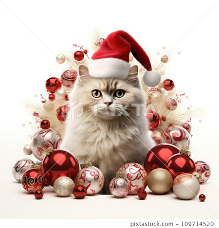 AI-generated content. Joyful 3D Christmas Cat wearing antlers and surrounded by holiday decorations Generative AI 109714520
