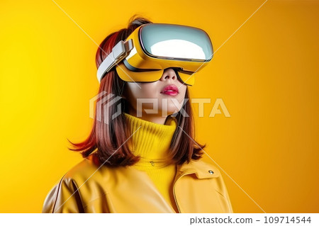 AI-generated content. Asia korean young woman s using the virtual reality headset portrait and bright colors 109714544