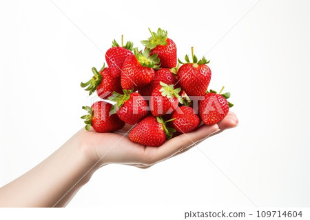 AI-generated content. Vibrant strawberries gently gripped in hand against a leafy background Generative AI 109714604