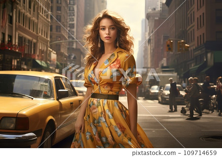 AI-generated content. A model wearing a Claus Rose style low walking the streets of New York Generative AI 109714659