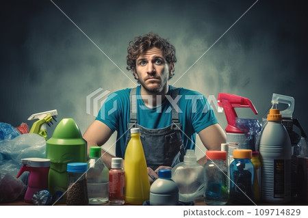 AI-generated content. Portrait of man cleaning his house, with copy space, beautiful background generative AI AI-generated content. Portrait of man cleaning his house, with copy space, beautiful background generative AI 109714829