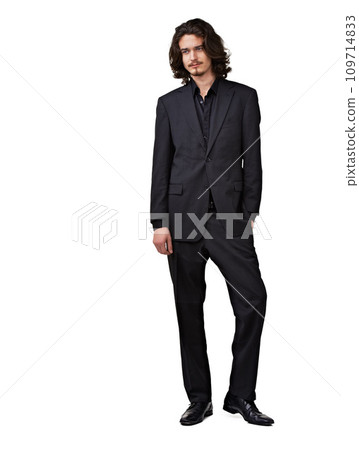 Fashion suit, thinking and studio man planning outfit choice, formal attire or decision for fancy, elegant or classy apparel. Smart clothes, mockup space or stylish model isolated on white background Fashion suit, thinking and studio man planning outfit choice, formal attire or decision for fancy, elegant or classy apparel. Smart clothes, mockup space or stylish model isolated on white background 109714833