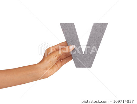 Hands, font and capital letter V in studio isolated on a white background mockup space. Fingers, alphabet and closeup of sign for typo, communication or learning language, character or uppercase icon 109714837