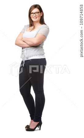 Fashion, portrait and woman with body positivity, smile and glasses isolated on white background. Cool style, happiness and confident plus size model with arms crossed, pride and inclusion in studio. 109714858