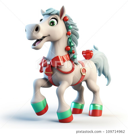 AI-generated content. Playful 3D Christmas Horse Character wearing jingle bell reins on a white background Generative AI 109714962