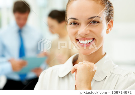 Happy, portrait and business woman in the office with positive, good and confident attitude. Smile, pride and professional female designer from Mexico with creative career in modern workplace. 109714971