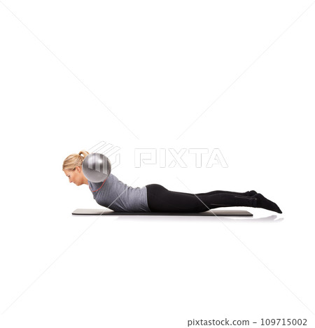 Exercise ball, body and woman with wellness, stretching and girl isolated on a white studio background. Person, mockup space and girl with training, healthy and breathing with balance and flexible 109715002