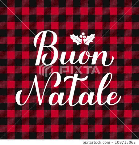 Buon Natale calligraphy hand lettering on red buffalo plaid background. Merry Christmas typography poster in Italian. Vector template for greeting card, banner, flyer, invitation, etc. 109715062