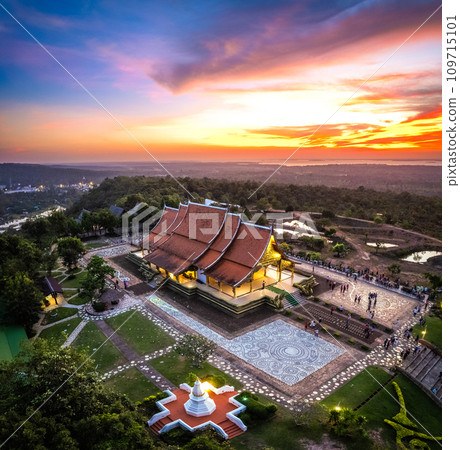 Aerial view of Wat Sirindhorn Wararam glowing temple in Ubon, Thailand Aerial view of Wat Sirindhorn Wararam glowing temple in Ubon, Thailand 109715101