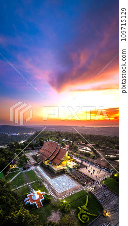 Aerial view of Wat Sirindhorn Wararam glowing temple in Ubon, Thailand Aerial view of Wat Sirindhorn Wararam glowing temple in Ubon, Thailand 109715129