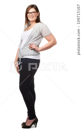 Casual fashion, portrait and woman with body positivity, smile and glasses isolated on white background. Self love, happiness and plus size model with natural beauty, wellness and inclusion in studio Casual fashion, portrait and woman with body positivity, smile and glasses isolated on white background. Self love, happiness and plus size model with natural beauty, wellness and inclusion in studio 109715167