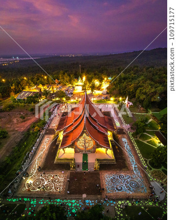 Aerial view of Wat Sirindhorn Wararam glowing temple in Ubon, Thailand Aerial view of Wat Sirindhorn Wararam glowing temple in Ubon, Thailand 109715177