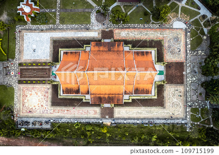 Aerial view of Wat Sirindhorn Wararam glowing temple in Ubon, Thailand Aerial view of Wat Sirindhorn Wararam glowing temple in Ubon, Thailand 109715199