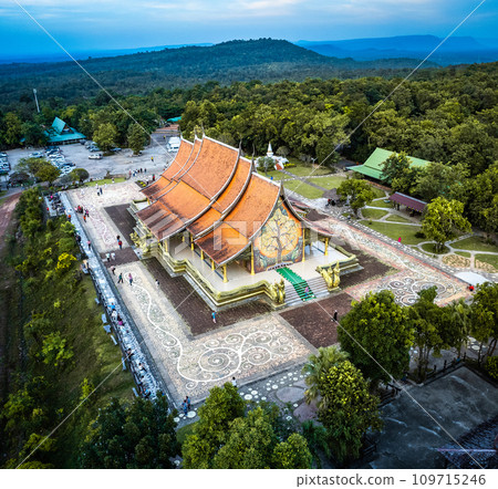 Aerial view of Wat Sirindhorn Wararam glowing temple in Ubon, Thailand Aerial view of Wat Sirindhorn Wararam glowing temple in Ubon, Thailand 109715246