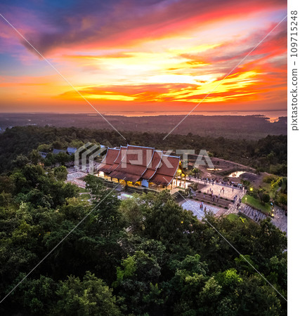 Aerial view of Wat Sirindhorn Wararam glowing temple in Ubon, Thailand Aerial view of Wat Sirindhorn Wararam glowing temple in Ubon, Thailand 109715248