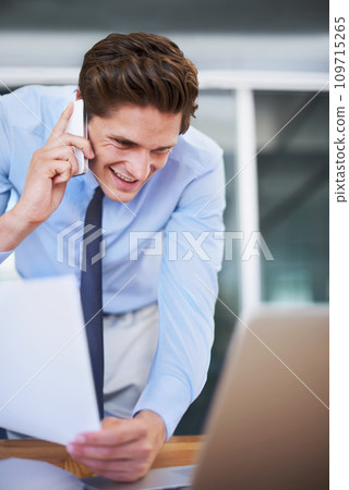 Business man, phone call and reading laptop, documents and paperwork for planning, accounting and financial advice. Professional worker talking on mobile and computer information or taxes management 109715265