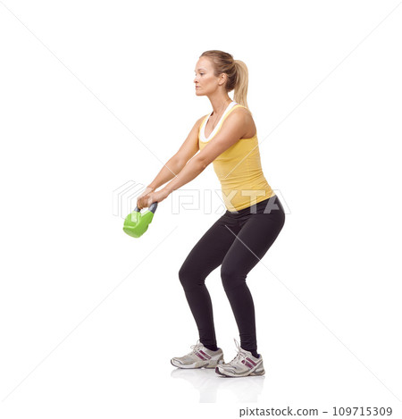Training, strong and studio woman with kettlebell for arm muscle growth, strength power development or weightlifting. Sports club equipment, active workout and female bodybuilder on white background 109715309