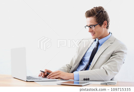 Business man, working on computer or planning for stock market research, trading solution or software management. Professional person or trader reading in glasses and vision for finance on his laptop Business man, working on computer or planning for stock market research, trading solution or software management. Professional person or trader reading in glasses and vision for finance on his laptop 109715335
