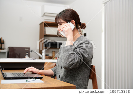 Woman on the phone, home, telework Woman on the phone, home, telework 109715558