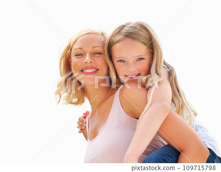 Portrait, piggy back and mother with girl, smile or fun with happiness, bonding together or outdoor. Face, family or mama carrying daughter with joy, play or love on white background and mockup space 109715798