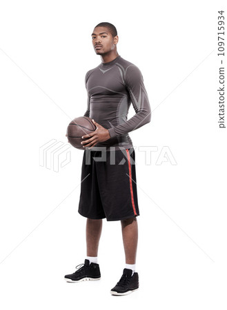 Fitness, serious and portrait of black man with basketball, confidence and muscle workout challenge. Sports wellness, health and professional athlete standing with ball isolated on white background. 109715934