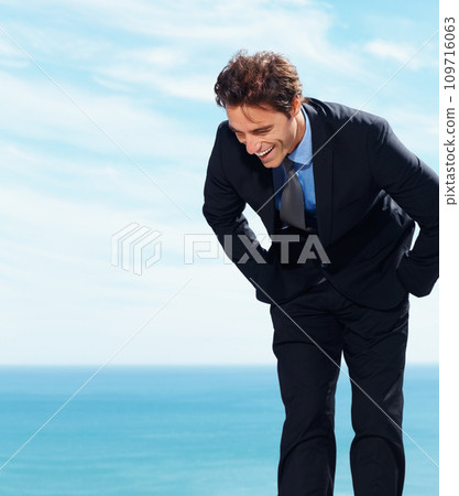 Business man laughing at ocean holiday, vacation and summer travel on sky mockup space. Funny professional lawyer in suit at sea, happy and excited by water at beach outdoor for freedom in Cancun Business man laughing at ocean holiday, vacation and summer travel on sky mockup space. Funny professional lawyer in suit at sea, happy and excited by water at beach outdoor for freedom in Cancun 109716063