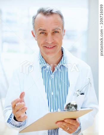 Question, health and portrait of doctor with clipboard, chart or survey for insurance and medical information. Surgeon, man and talking with paperwork, report or checklist at clinic or hospital 109716099