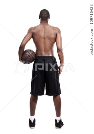 Man, basketball player and standing for training, back and shirtless on white background, confident and game. Studio backdrop, fit and sportsman for exercise, health and african active athlete 109716428