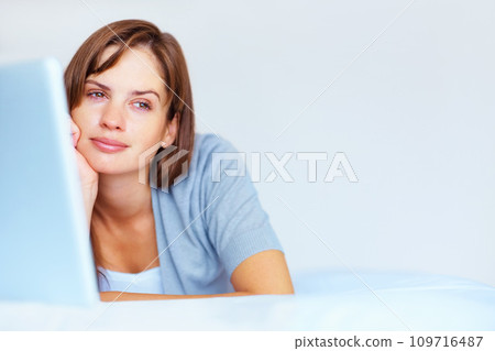 Relax, laptop and woman on bed thinking of email, social media or online chat website in home. Computer, morning and girl with mockup, networking idea or internet search for communication in bedroom. Relax, laptop and woman on bed thinking of email, social media or online chat website in home. Computer, morning and girl with mockup, networking idea or internet search for communication in bedroom. 109716487