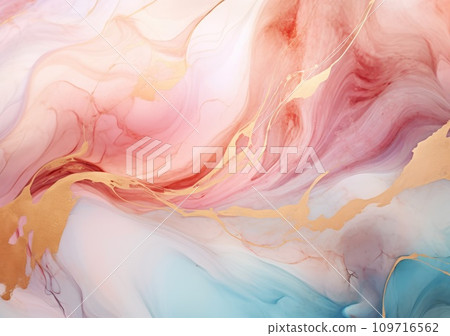 Blush pink watercolor fluid painting design card. Dusty rose and golden marble geode frame. Spring wedding invitation. 109716562