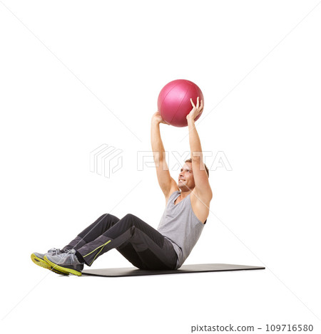 Man, medicine ball and exercise sit up for gym training in studio on white background, fitness or workout strong. Male person, sports equipment and stomach abs challenge, wellness mat or mockup space 109716580