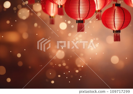 AI-generated content. Chinese New Year photo realistic Lantern on glitter gold paper Background. Generative AI 109717299