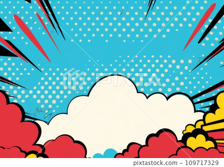 Pop art halftone background. Comic starburst pattern. Blue banner with star speech bubble 109717329