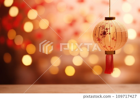 AI-generated content. Chinese New Year photo realistic Lantern on glitter gold paper Background. Generative AI AI-generated content. Chinese New Year photo realistic Lantern on glitter gold paper Background. Generative AI 109717427