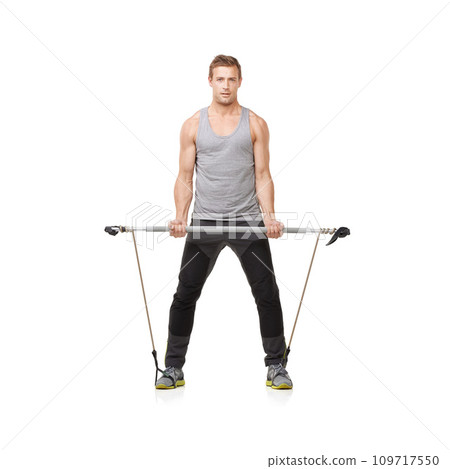 Fitness, man and resistance band with portrait, training and wellness isolated on white studio background. Mockup space, person and model with workout, healthy and exercise with energy and stretching Fitness, man and resistance band with portrait, training and wellness isolated on white studio background. Mockup space, person and model with workout, healthy and exercise with energy and stretching 109717550