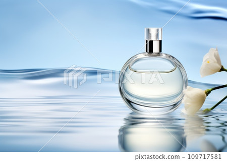 AI-generated content. Bottle perfume on the water, clear water waves, white and blue background. Generative AI 109717581