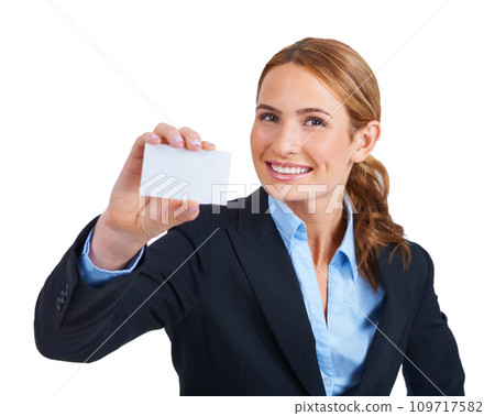 Woman, portrait and smile with business card mockup space for company information, contact details on white background. Female person, face and blank paper for professional, entrepreneur in studio Woman, portrait and smile with business card mockup space for company information, contact details on white background. Female person, face and blank paper for professional, entrepreneur in studio 109717582