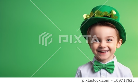 AI-generated content. Cheerful child in a green outfit with shamrocks on a colored background. Generative AI AI-generated content. Cheerful child in a green outfit with shamrocks on a colored background. Generative AI 109717623