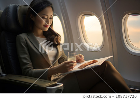 在飛機乘客座位上工作的女商人 109717726