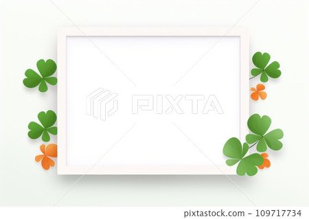 AI-generated content. Flat design St. patrick's day, festive leprechaun green shamrocks on photo frame. Generative AI 109717734
