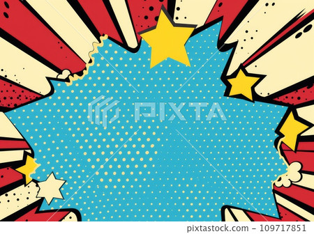 Pop art halftone background. Comic starburst pattern. Blue banner with star speech bubble 109717851