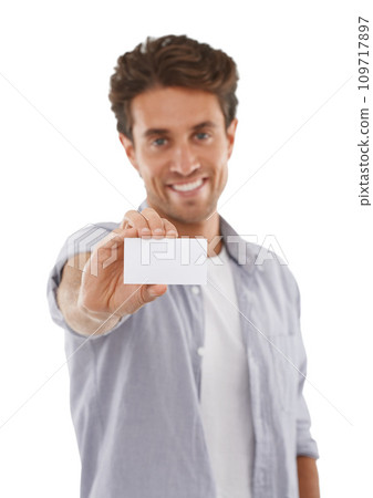 Portrait, happy and man with business card, mockup and advertising space isolated on a white studio background. Face, person and show paper for promotion, info and commercial, marketing or hand sign 109717897