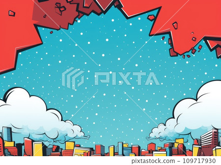 Pop art halftone background. Comic starburst pattern. Blue banner with star speech bubble Pop art halftone background. Comic starburst pattern. Blue banner with star speech bubble 109717930