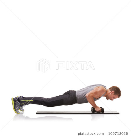 Push ups, studio or man in dumbbells training, exercise or workout for fitness on white background. Mockup space, mat or healthy athlete bodybuilder weightlifting for strong biceps muscle or power 109718026