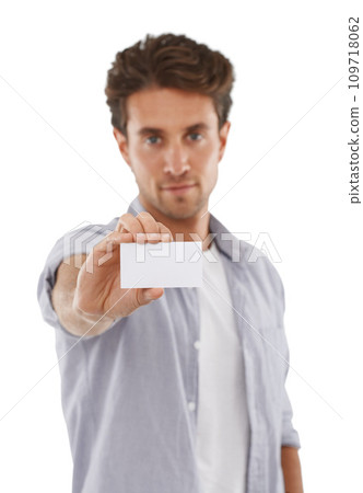 Portrait, advertising and man with business card, mockup and space isolated on a white studio background. Face, person and show paper for promotion, information and commercial, marketing or hand sign Portrait, advertising and man with business card, mockup and space isolated on a white studio background. Face, person and show paper for promotion, information and commercial, marketing or hand sign 109718062