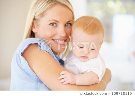 Portrait, happiness and home mother, baby or family for newborn child growth, youth development or wellness. Happy face, smile and mom holding, hug or embrace kid for bonding, nurture or love 109718110