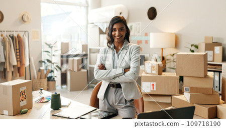 Happy woman, portrait and small business professional in logistics, supply chain or fashion boutique. Confident female person smile with arms crossed in management, distribution and boxes at store 109718190