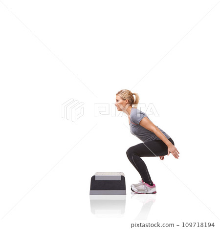 Exercise, woman and aerobics with health, training and wellness isolated on a white studio background. Person, girl and model with steps, fitness and workout with cardio, healthy and mockup space Exercise, woman and aerobics with health, training and wellness isolated on a white studio background. Person, girl and model with steps, fitness and workout with cardio, healthy and mockup space 109718194