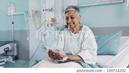 Woman in hospital with get well soon card with good news with ventilation tube for oxygen, medical service and care. Healthcare, happy and mature person smile for surgery recovery, wellness and resul 109718202